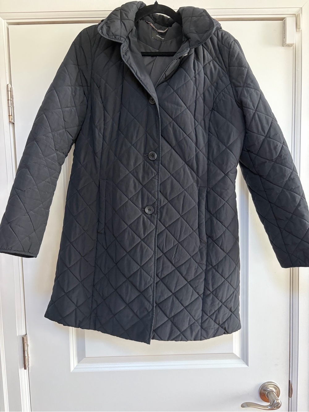 Jones New York Hooded Coat Quilted Women's Sz L Black Jacket Lined Comfort Warm